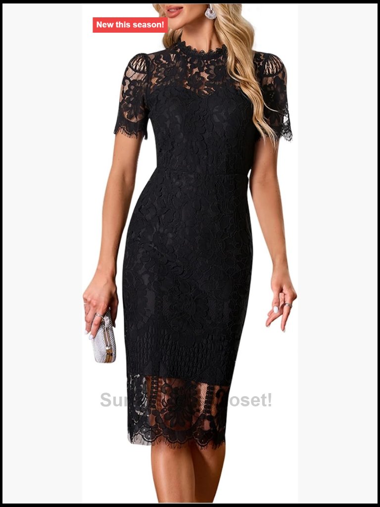 Lace Bodycon Midi Dress Sheath Silhouette Short Sleeve Side Zip Cocktail Dress